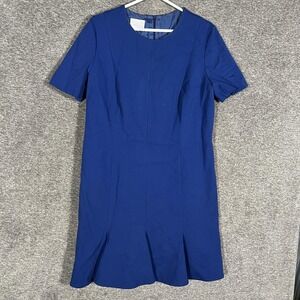 Akris Punto Dress Womens 14 Blue Short Sleeve Lined Sheath Midi Seamed‎ Zip Back